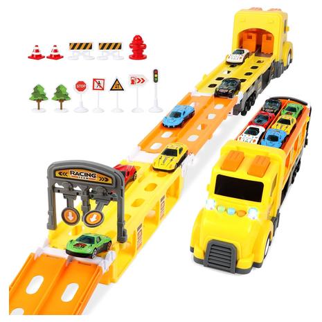 Carrier Truck Race Car Track Set With 6 Cars