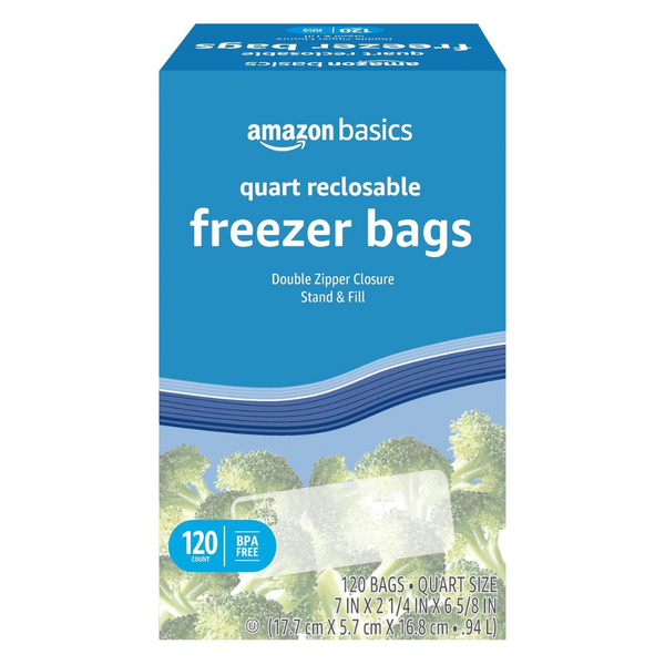 120 Amazon Basics Reclosable Freezer Quart Bags