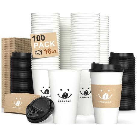 100 Disposable 16oz Coffee Cups with Lids & Sleeves