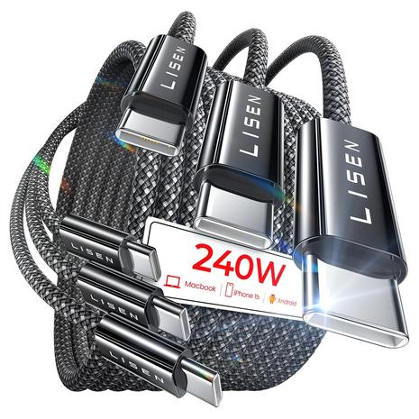 3 LISEN 240W USB-C to USB-C Charger Cables