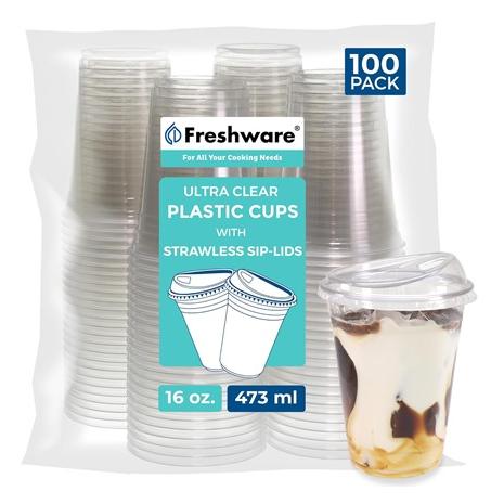 100-Pack Freshware 16oz Clear Disposable Plastic Cups w/ Sip-Lids