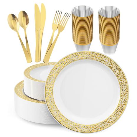 150 Gold Plastic Dinnerware Set