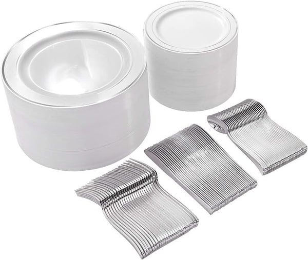 300 Pcs Silver Plastic Disposable Dinnerware Set