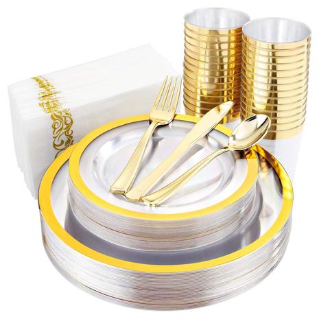 210 Piece Clear Gold Plastic Dinnerware Set