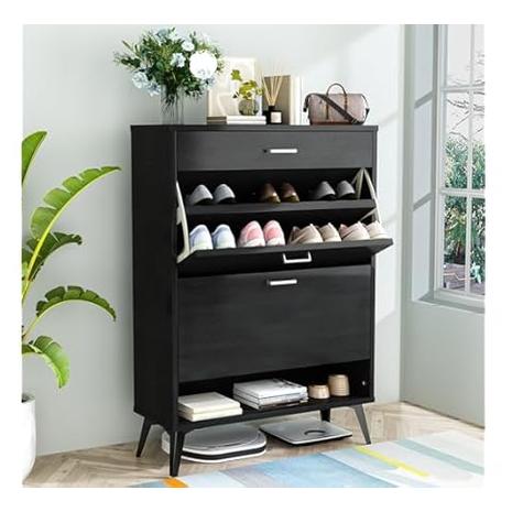 Free Standing Shoe Storage Organizer w/ 2-Flip Cabinets & Open Shelves