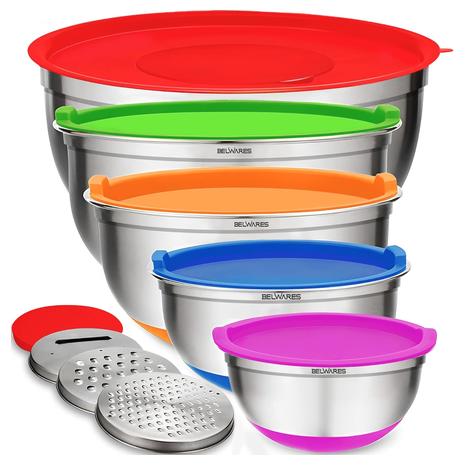 5-Piece Stainless Steel Mixing Bowls w/ Lids & Grater Attachments