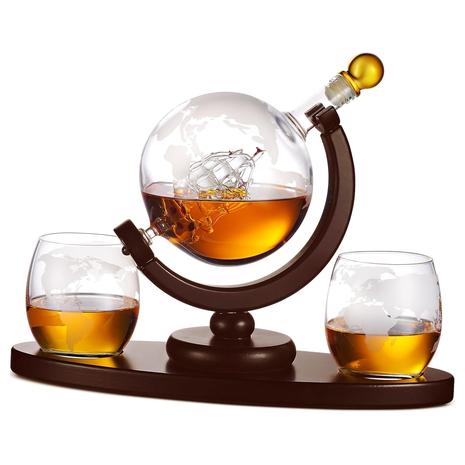 Whiskey Decanter Globe Set with 2 Etched Whiskey Glasses