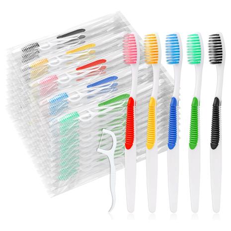 50 Individually Wrapped Disposable Toothbrushes w/ Floss Pick