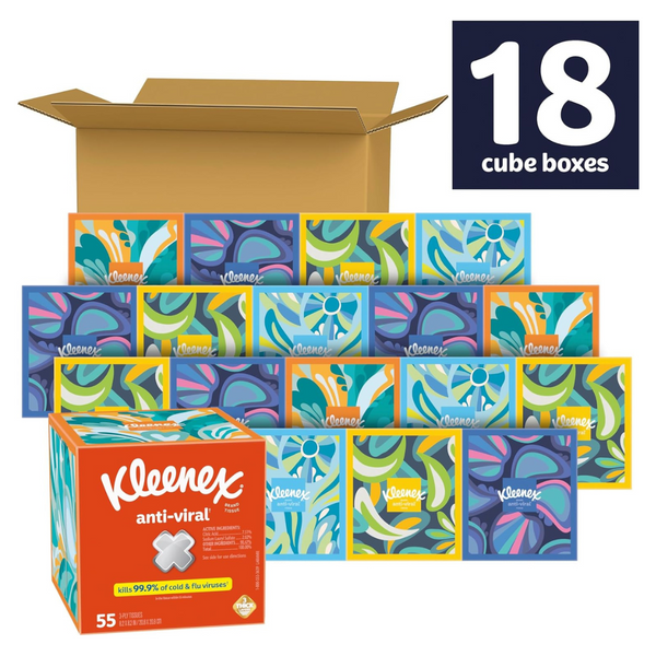 18 Cube Boxes Of Kleenex Anti-Viral Facial Tissues