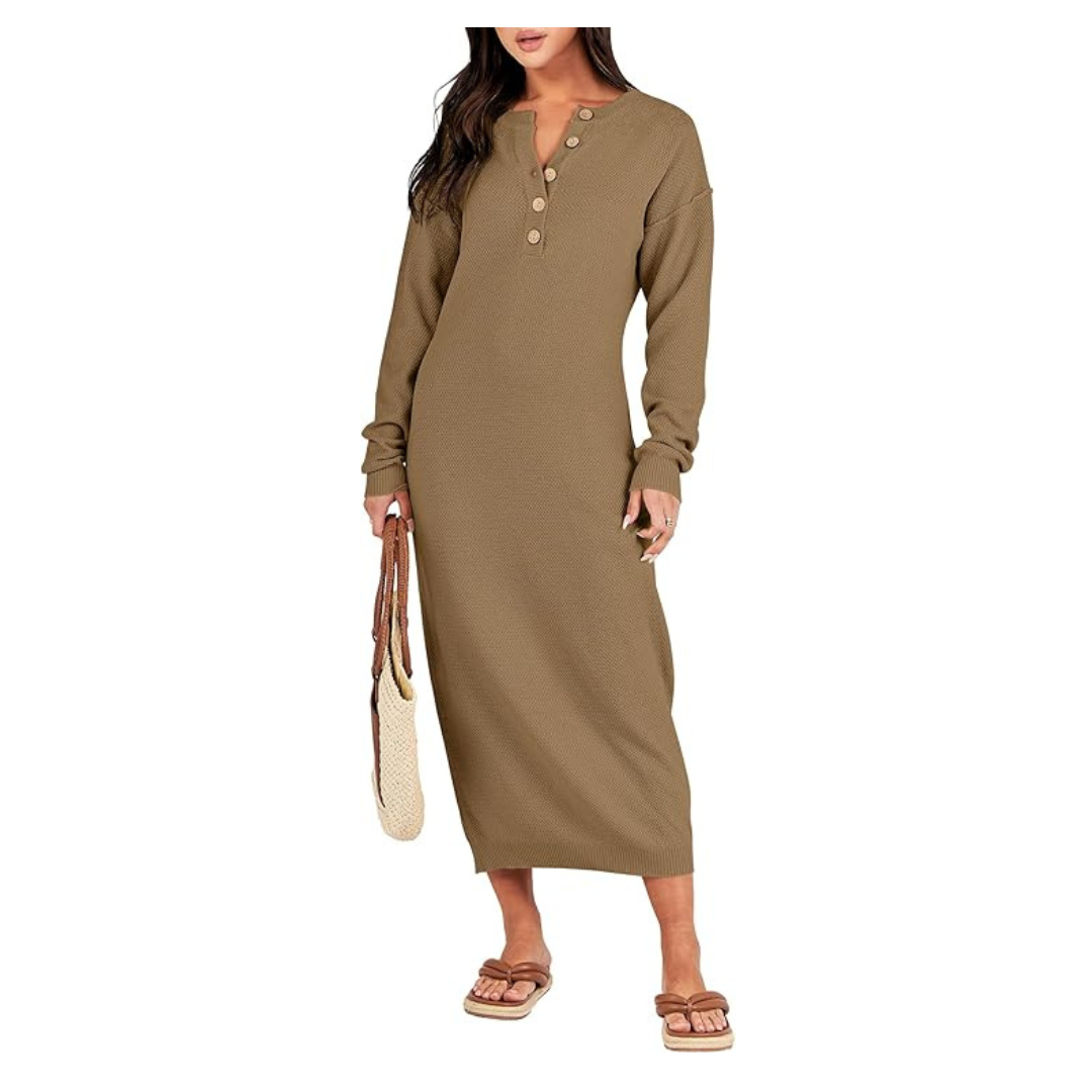 Women’s Long Sleeve Button V Neck Loose Fit Waffle Knit Sweater Dress (10 Colors)