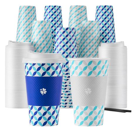 100 Disposable 16oz Coffee Cups with Lids, Sleeves & Stirrers