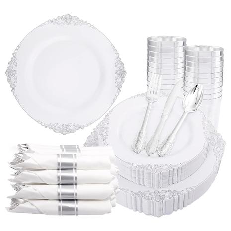 350-Piece Silver Plastic Plates & Pre Rolled Napkins