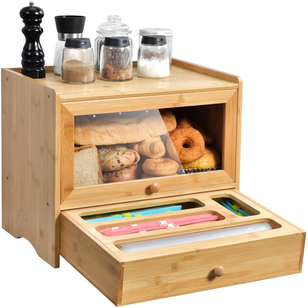 Bamboo Bread Box with Storage Bags Organizer