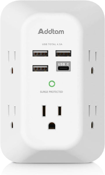 Addtam 5 Outlet USB Wall Charger Surge Protector Extender