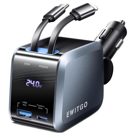 72W Fast Charging USB-C Car Charger w/ Retractable Cables