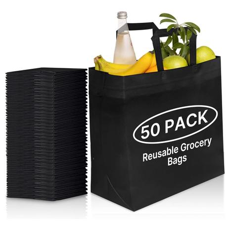 50-Pack Black Reusable Large Grocery Shopping Bags