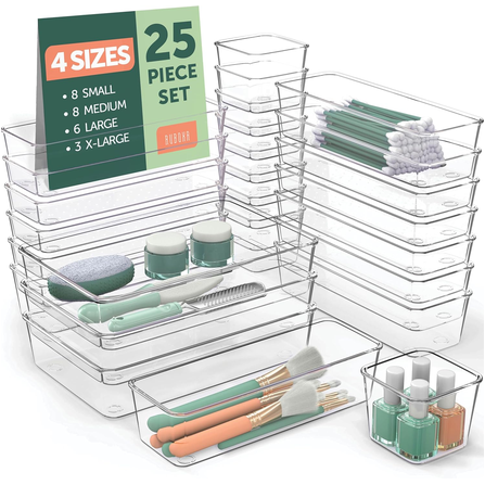 25 Piece Clear Plastic Drawer Organizers Set