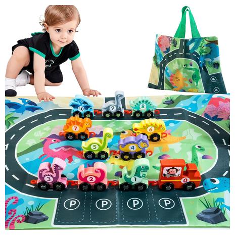 Wooden Dinosaur Train Set w/ Playmat & Storage Bag