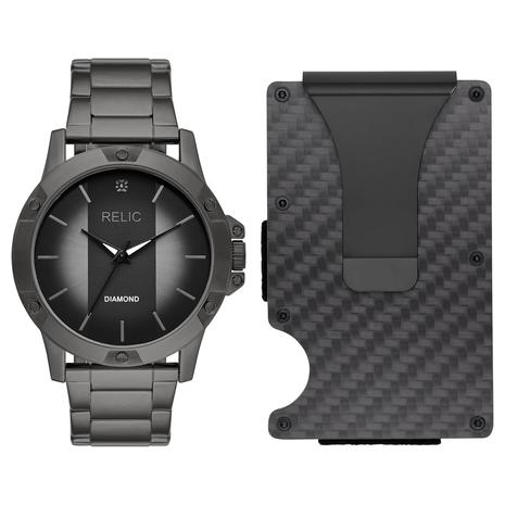 Men's Gunmetal Watch & Black Metal Card Case Gift Set (Relic by Fossil)