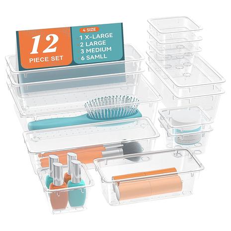 12 Piece Clear Drawer Organizer Set