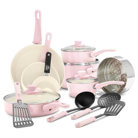 16-Piece GreenLife Soft Grip Ceramic Nonstick Cookware Set (Soft Pink)