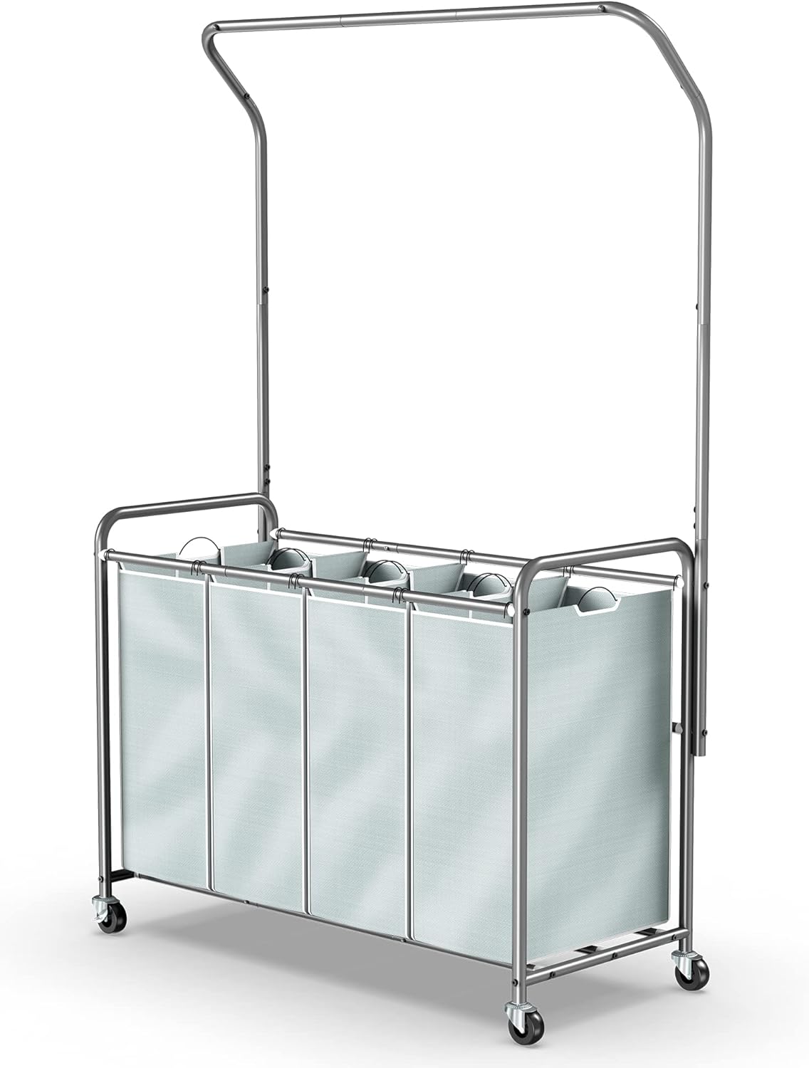 4-Section Laundry Sorter with Hanging Bar, Lockable Wheels, Removable Bags