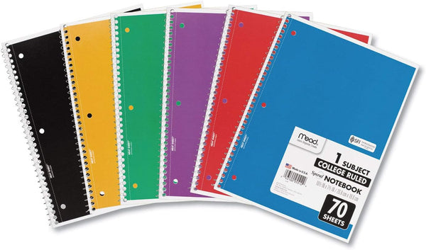 6-Pack Mead Spiral 1 Subject Notebooks (7-1/2" x 10-1/2)