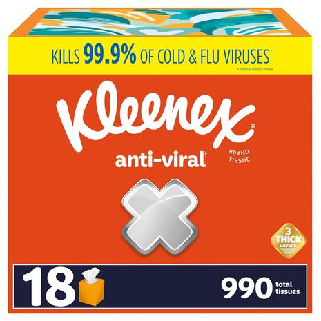 18 Cube Boxes Of Kleenex Anti-Viral Facial Tissues