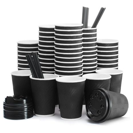 100-Pack 12oz Insulated Disposable Coffee Cups w/ Lids & Straws