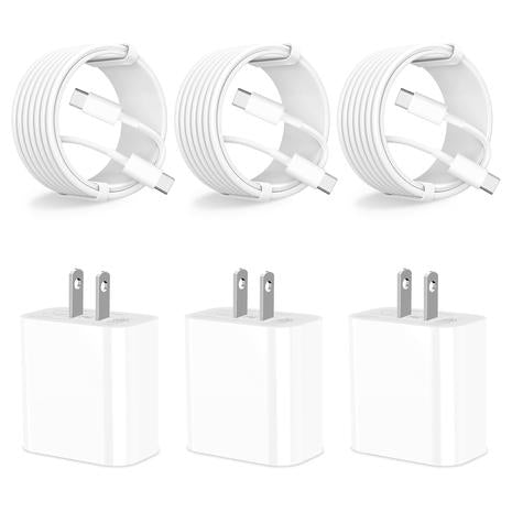 3-Pack 20W PD Type-C Wall Charger w/ Cables