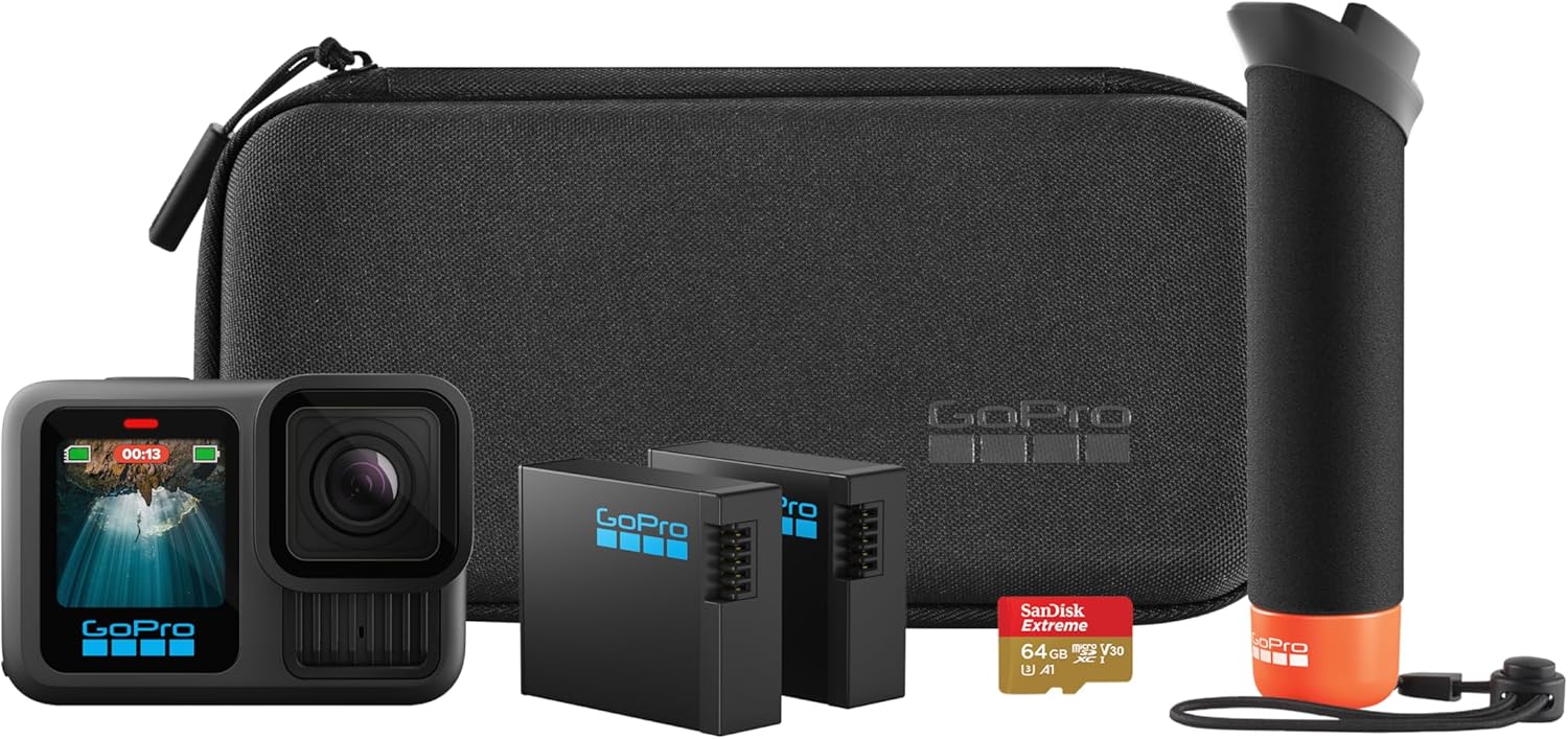 GoPro HERO13 Black Accessory Bundle – Includes The Handler, 2 Enduro Batteries, 2 Curved Adhesive Mounts, 64GB SanDisk MicroSD Card, And Carrying Case