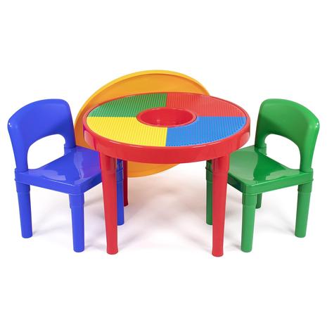 2-in-1 Plastic Building Blocks Activity Round Table w/ 2-Chairs