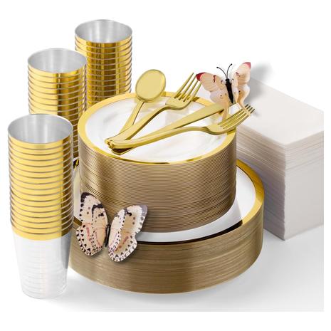 400-Piece Disposable Gold & Clear Dinnerware Set