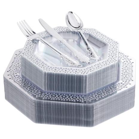 175 Piece Silver Rimmed Disposable Dinnerware Set