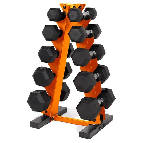 150-lbs Coated Hex Dumbbell Weight Set w/ A-Frame Rack