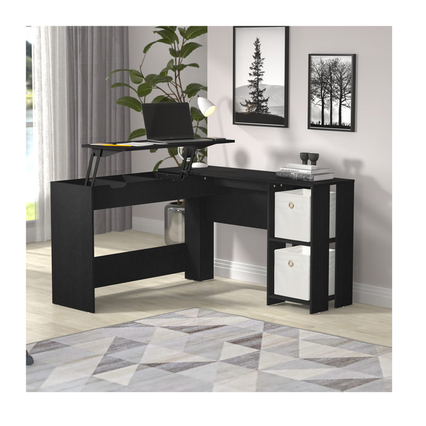 Hillsdale L-Shaped Wood Lift-Top Desk with Storage, Black Oak