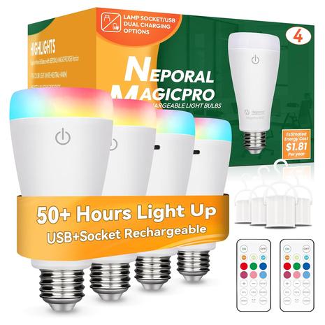 4-Pack Smart Rechargeable Socket Light Bulbs w/ Remote