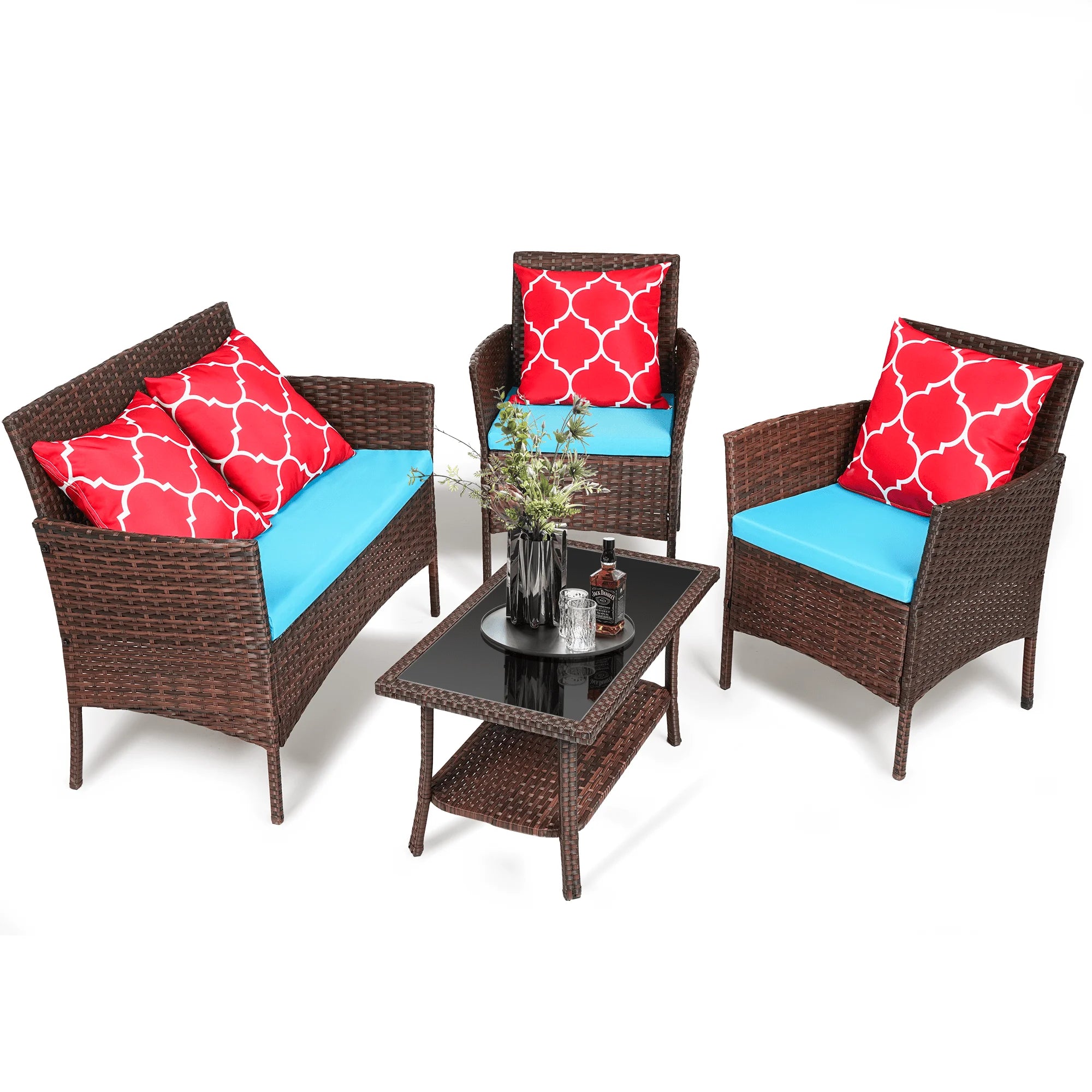 4 Piece Patio Furniture Set with Throw Pillows (2 Colors)