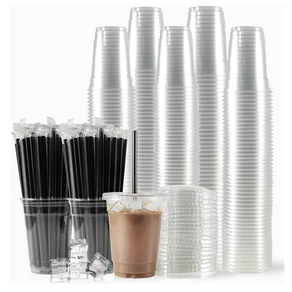 200 (12oz) Plastic Cups with Lids and Straws