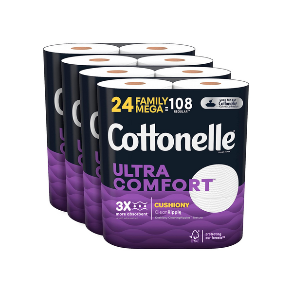 24 mega rollos familiares = 108 rollos regulares de papel higiénico Cottonelle Ultra Comfort