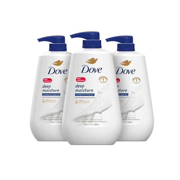 3 botellas grandes de gel de baño Dove con dosificador