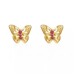 14k Yellow Gold Plated with Red Or white Cubic Zirconia 3-Stone Filigree Butterfly Stud Earrings