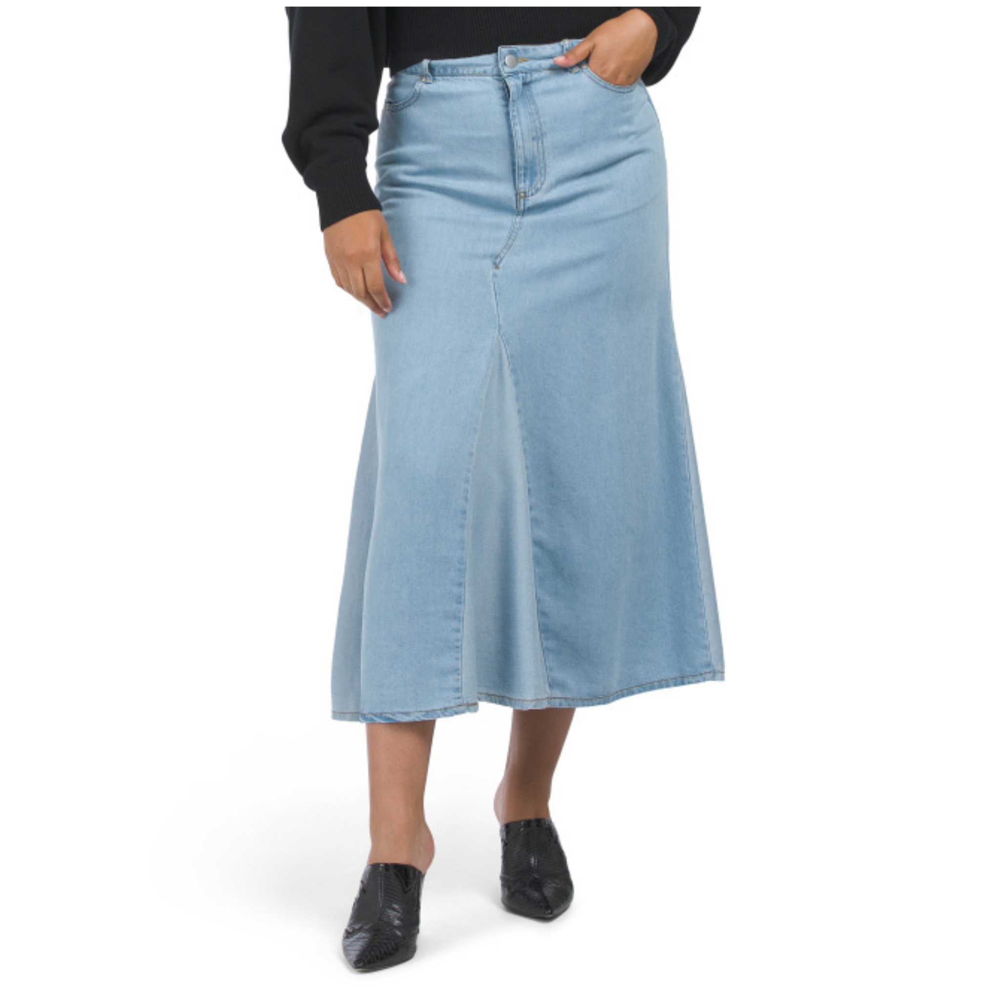 Pleated Midi Denim Skirt