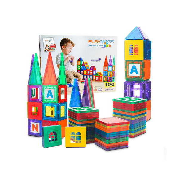 Juego de bloques de construcción de azulejos magnéticos Playmags de 100 piezas