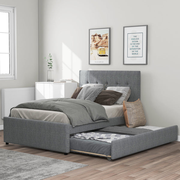 Twin/Full Size Upholstered Platform Bed with Trundle for Kids