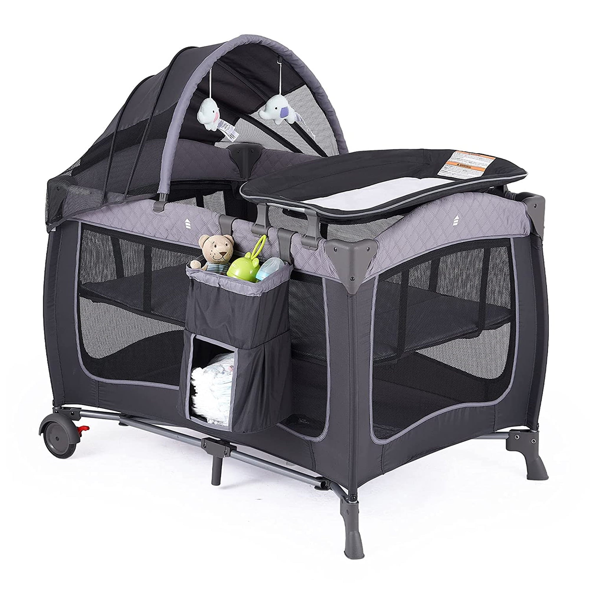 Portable Baby Play Yard With Wheels, Canopy, And Changing Table