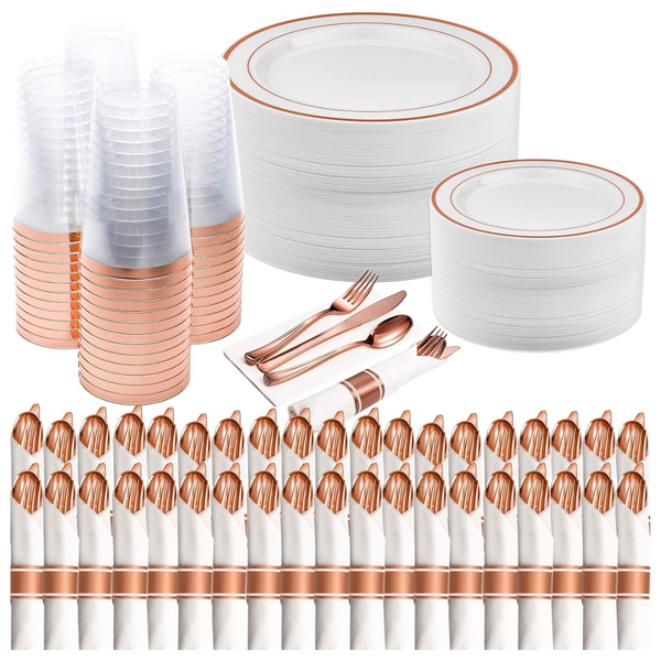 350 Pcs Rose/Gold Disposable Dinnerware Set