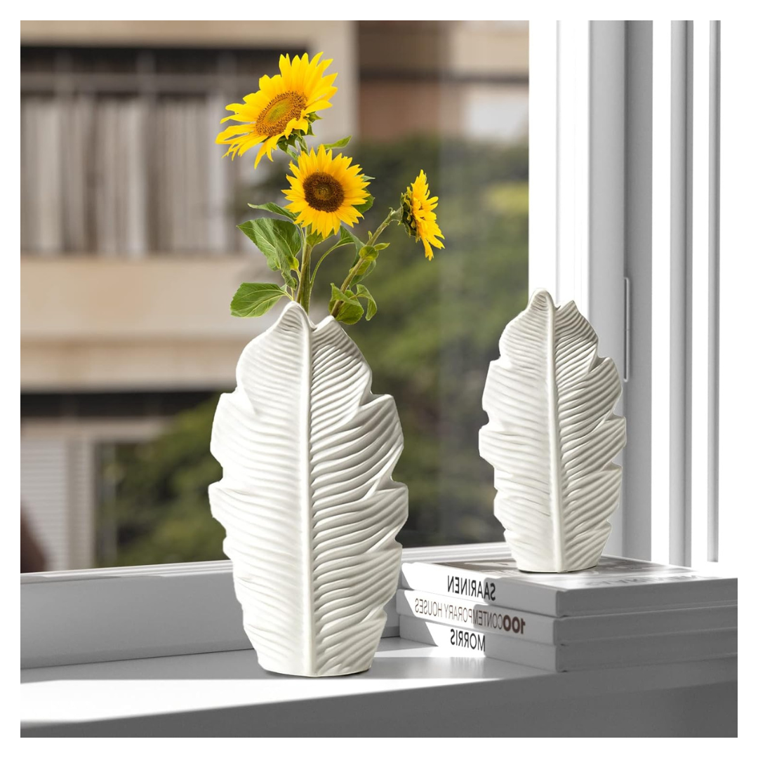 2 Modern White Ceramic Leaf Vases