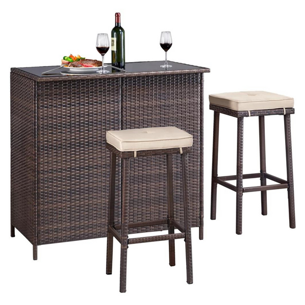 3-Piece Rattan Wicker Bar Patio Set