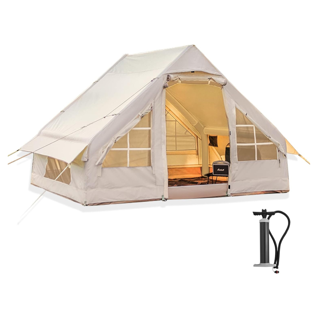 Inflatable 4-Season Glamping Tent: Easy Setup, Waterproof, Windproof, with Pump, Mesh Windows & Doors